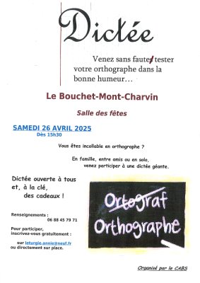 Dictée organisée par le CABS le samedi 26 avril 2025 à 15h30 à la salle des fêtes du Bouchet-Mont-Charvin.
