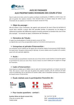 S.M.B.V.A. : Avis de passages aux propriétaires riverains des cours d'eau.