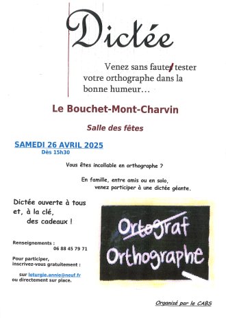 Dictée organisée par le CABS le samedi 26 avril 2025 à 15h30 à la salle des fêtes du Bouchet-Mont-Charvin.