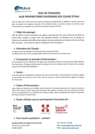 S.M.B.V.A. : Avis de passages aux propriétaires riverains des cours d'eau.