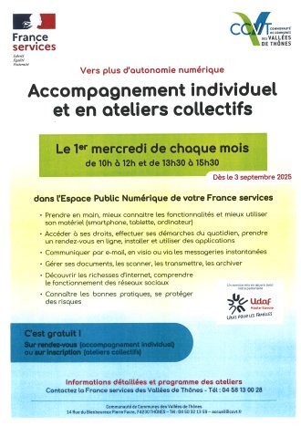 Nouveauté à partir du 03/09/2025 : le 1er mercredi de chaque mois, de 10h à 12h et de 13h30 à 15h30, accompagnement vers plus d'autonomie numérique.