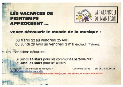 Association La Farandole : Ouverture des inscriptions pour les vacances d'avril.